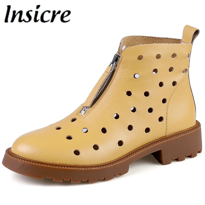 

Insicre Women's Ankle Boots 2021 Summer Genuine Leather Low Heels Spring Autumn Round Toe Front Zip Ladies Black White Shoes