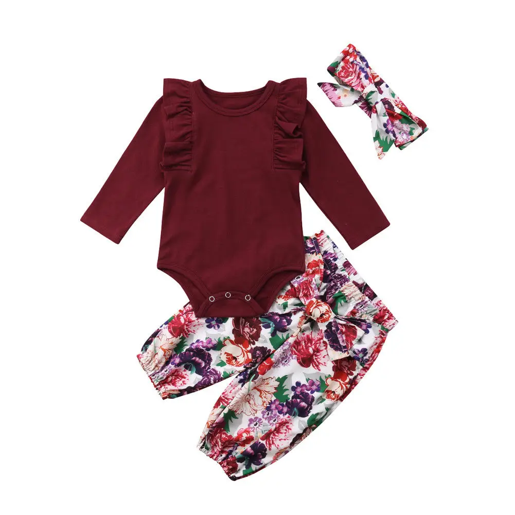 

Newborn Baby Girls Red T shirts Tops Solid Romper Floral Pants Headband Outfits Autumn 3PCS Clothes Set