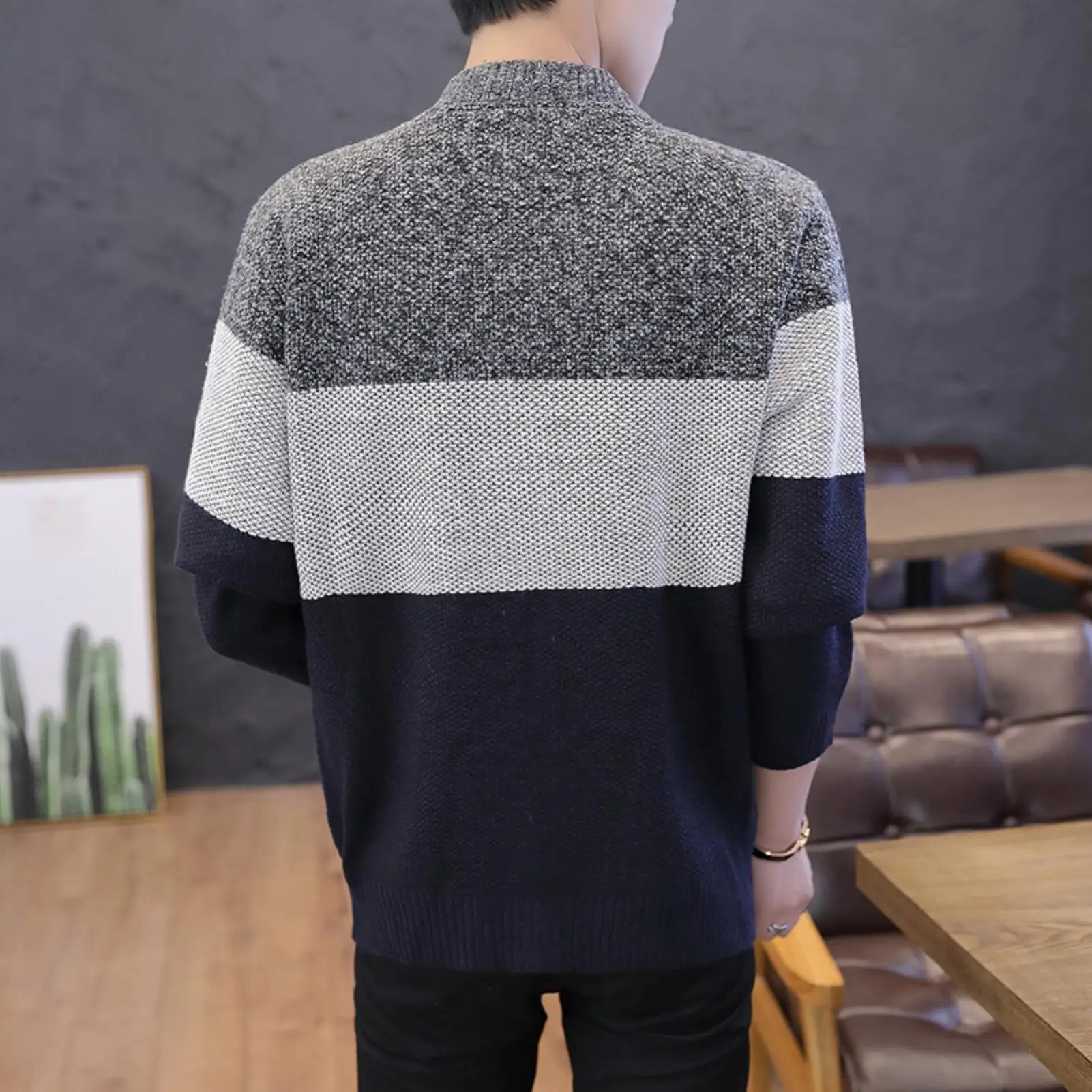 

Autumn Men Long Sleeve Knitted Sweater Thick Warm Color Block Zip Jacket Coat