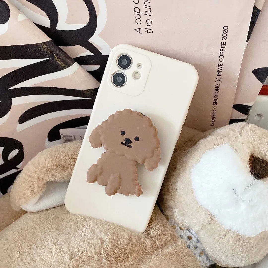 Fashion Cute clever Teddy Dog Poodle Puppy Bracket soft phone case for iPhone 14 13 12 Pro 7 8 Plus 11 Pro Max X Xs Max XR cover