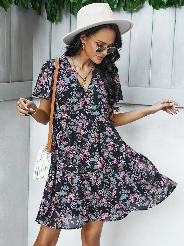 Женское пляжное платье с оборками свободное мини-платье цветочным принтом