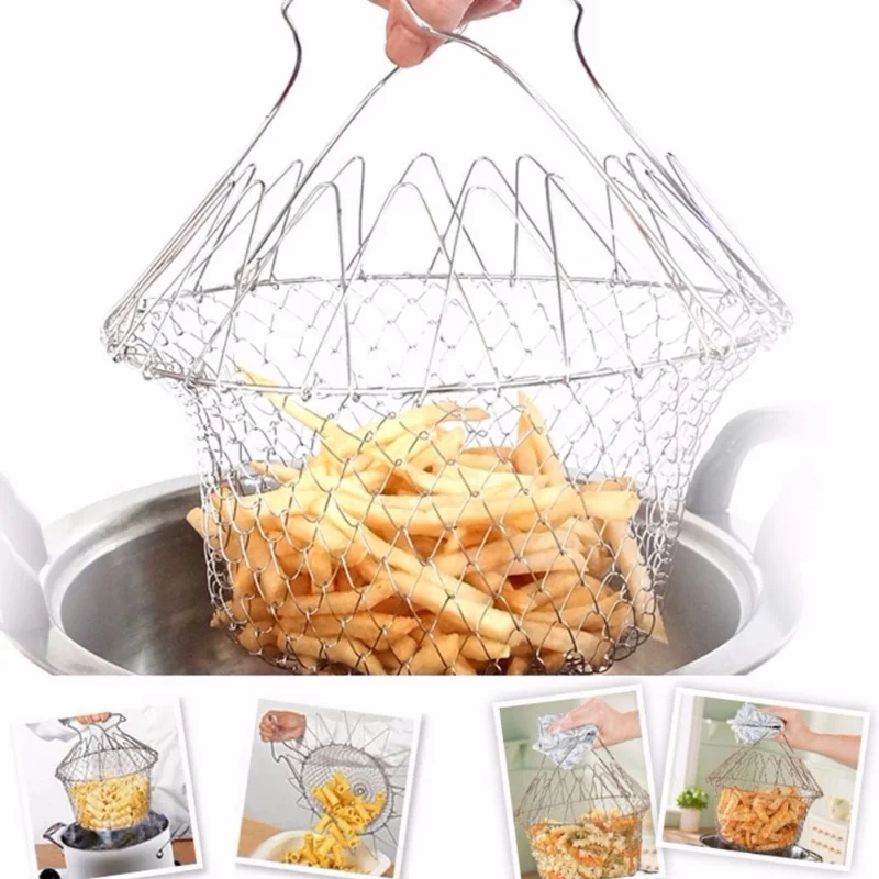 

Stainless Steel Foldable Steam Rinse French Basket Stainless Steel Colander Filter Mesh Magic Basket Kitchen Gadgets