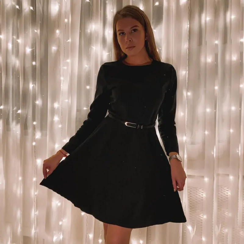 

Autumn Winter Casual Long Sleeve A Line Dress Office Ladies O Neck Solid Mini Dress Fashion Elegant Women Dresses Vestidos