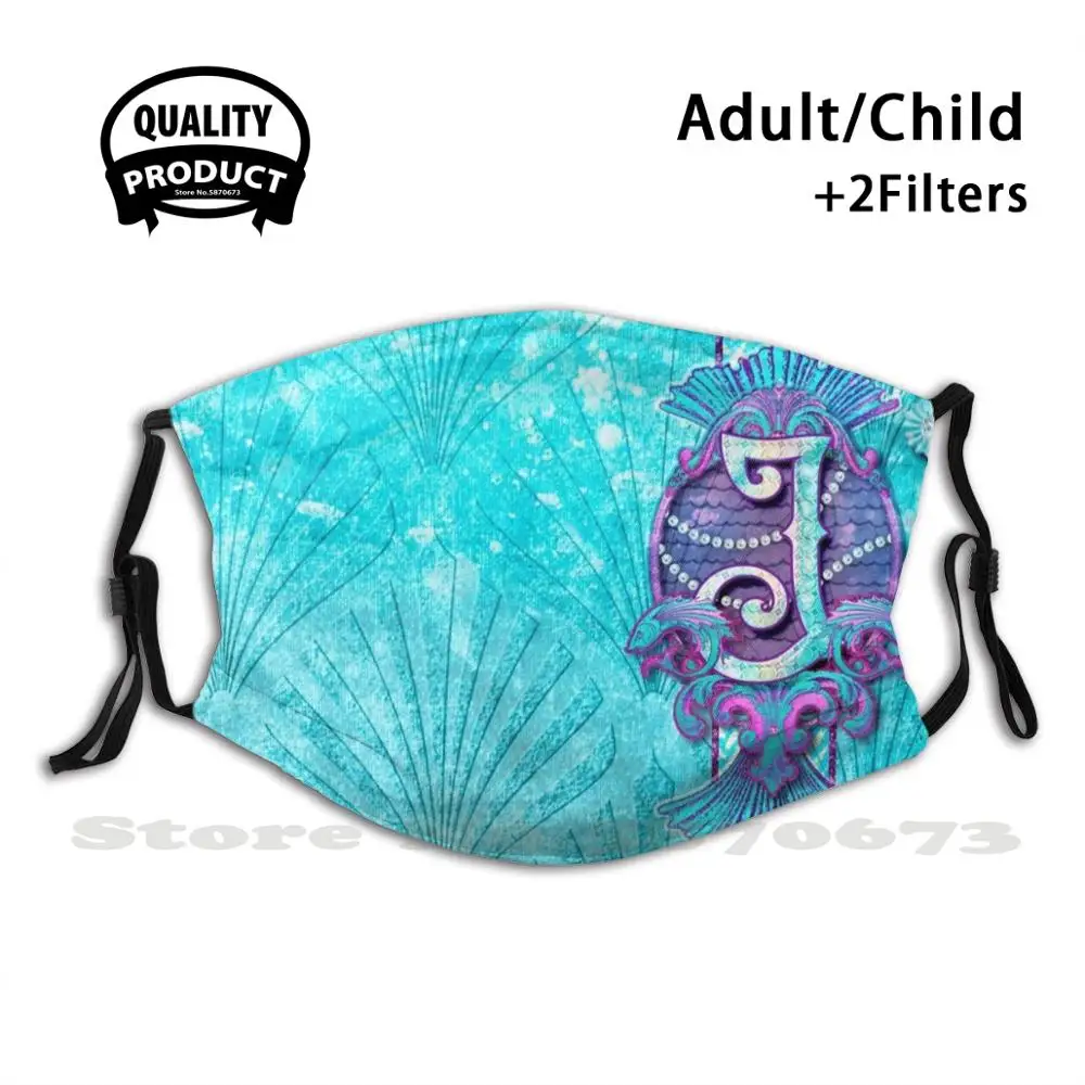 

J Monogram Cute Aqua Mermaid Reusable Mouth Mask Washable Filter Anti Dust Face Masks Seashell Girly Aqua Blue Fish Gem Womens