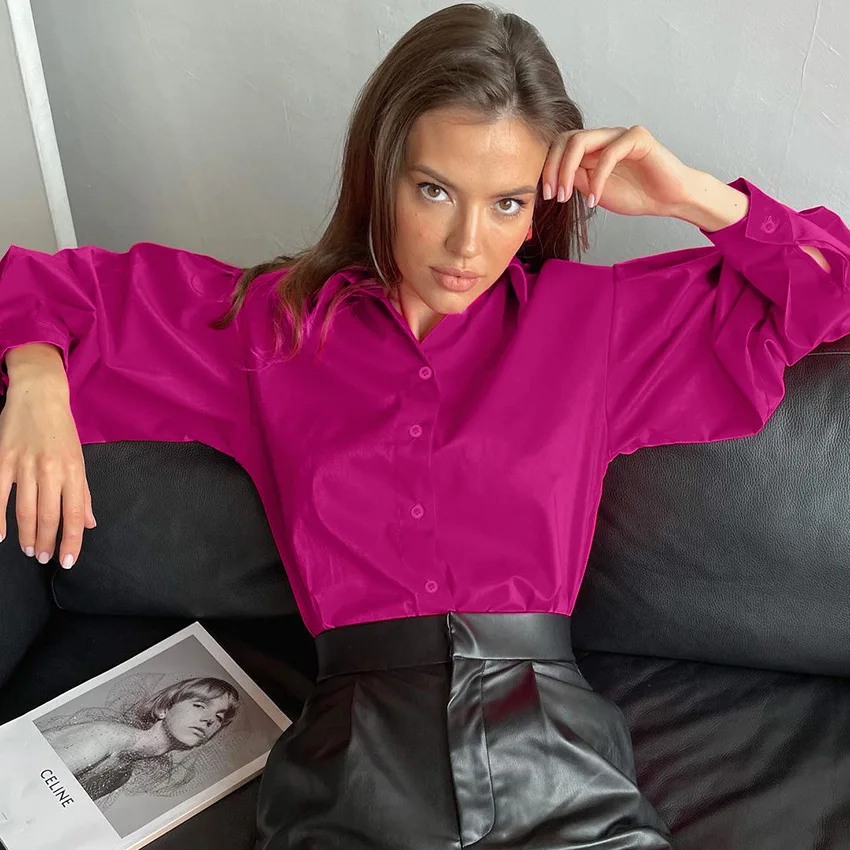 

2022 Spring New Blouse Long Sleeve Shirt Daily Ritual Fashion Pure Color Rose Shirt Lapel Cardigan Office Work Women Overshirt