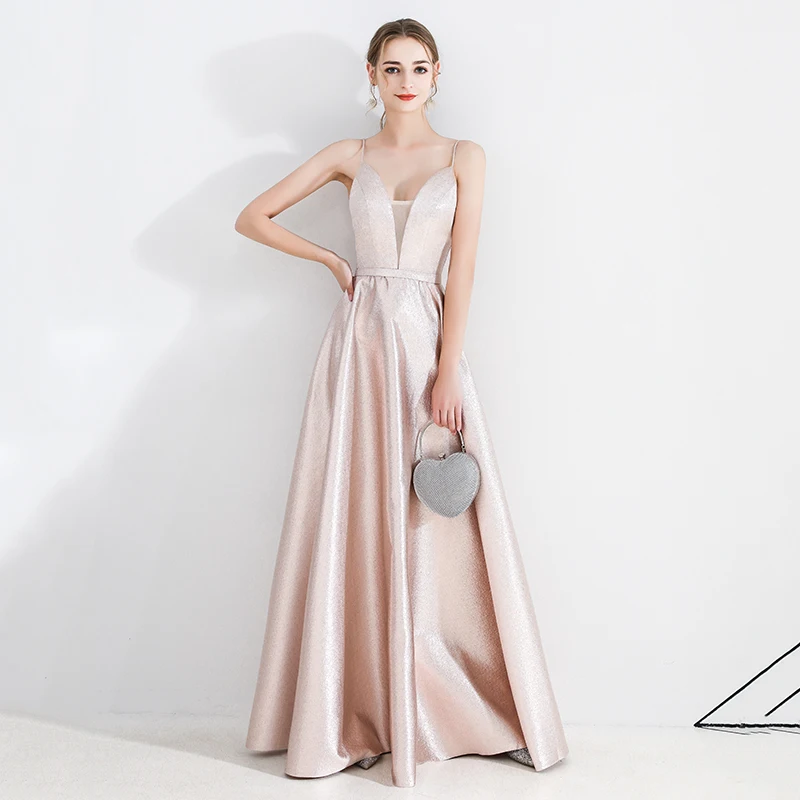Женское длинное вечернее платье атласное с V-образным вырезом для официального