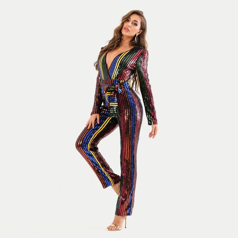 Free Shipping wholesale New Rompers Multicolor Sequins Long Sleeve Bodysuit V-neck Sexy Celebrity Party Jumpsuits