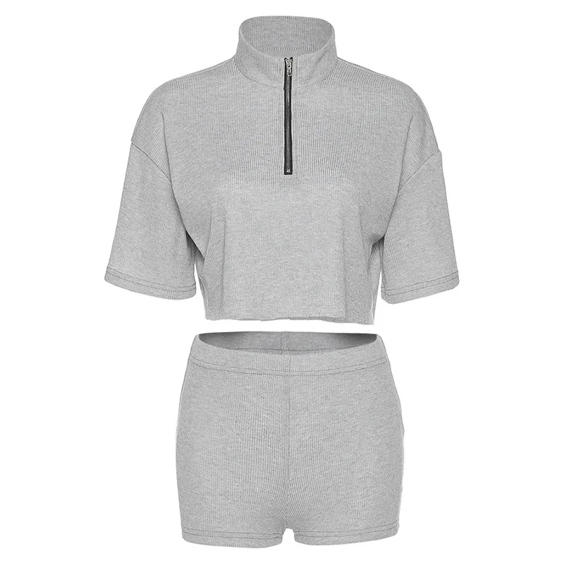 

Adora Solid Grey Home Loungewear Outfits Short Sleeve Zip Loose Tees Tight Shorts Spring Casual Ribbed Women Short Sets