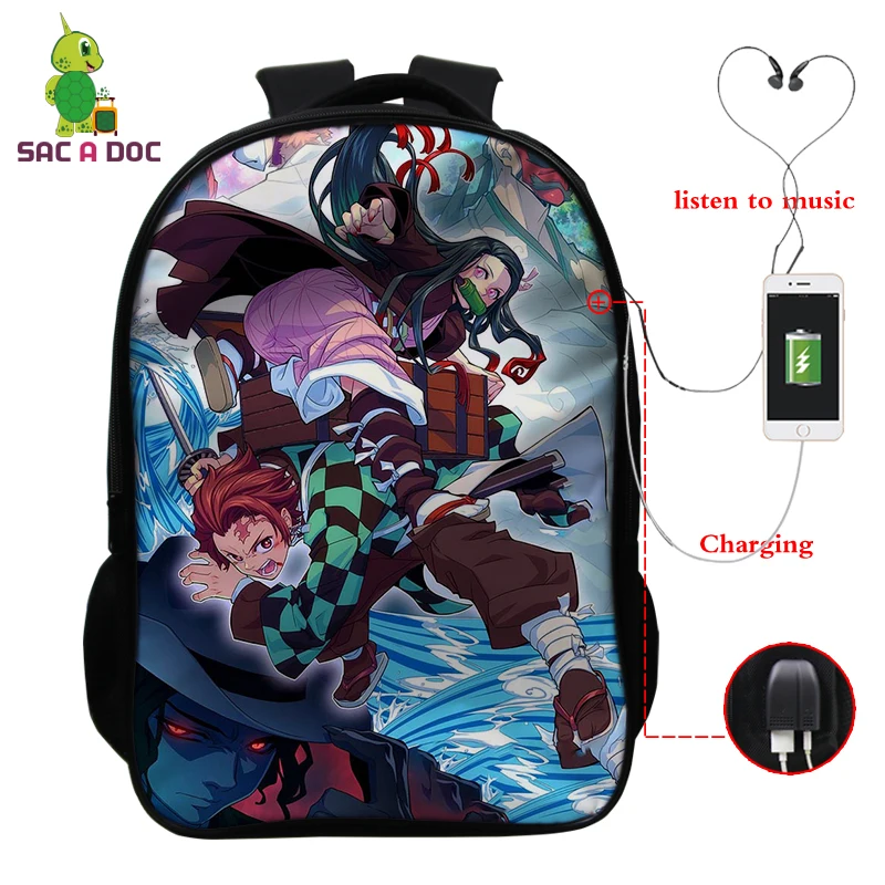 

16 Inch Teenager School Bags Kimetsu no Yaiba USB Backpacks College Student Bookbag Boys Girl Funny Back Pack Men Book Bag