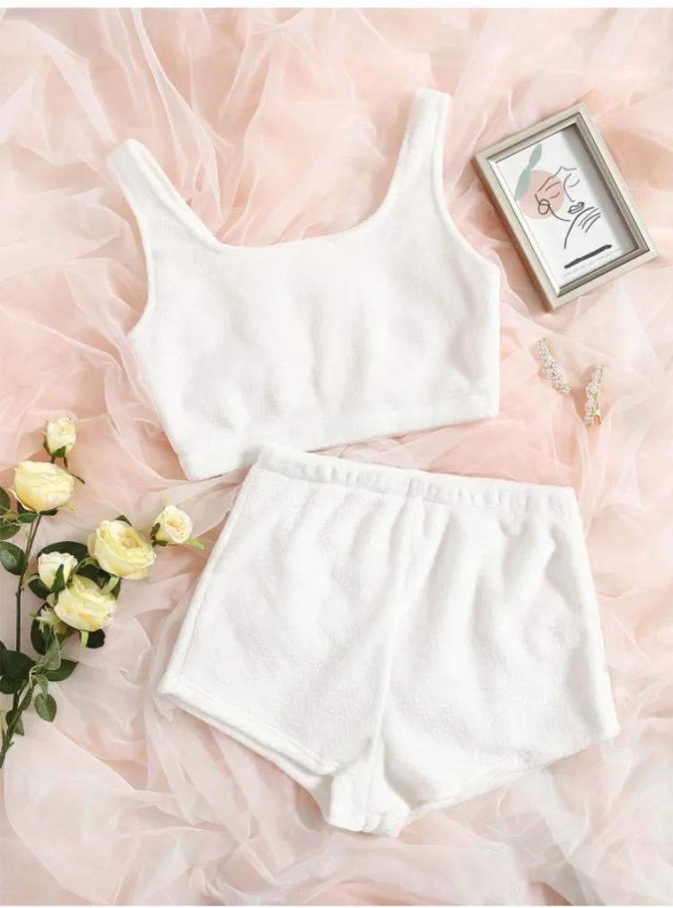 

Women's pajamas warm autumn and winter plush vest shorts two-piece suit
