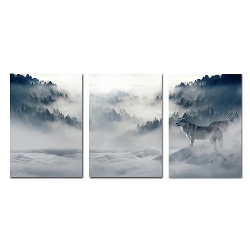 

Wall Art Foggy Mountain Wolf Scenery Canvas Painting Abstract Landscape Picture Posters Print Living Room Corridor Decoration