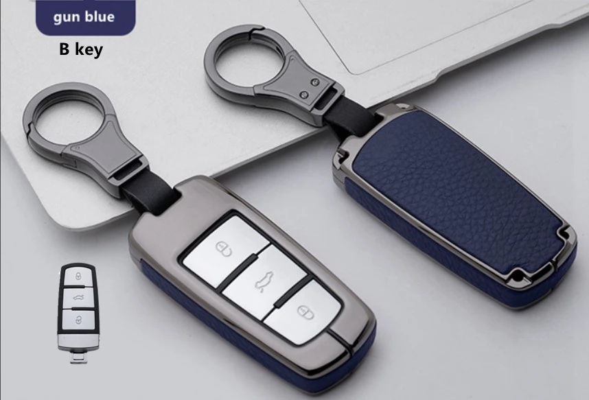 B key gun blue Высококачественный автомобильный кожаный и металлический чехол для ключей, брелок для Volkswagen Tiguan MK2 CC Passat B8 для Skoda A7 Octavia Superb - Название цвета: B key gun blue