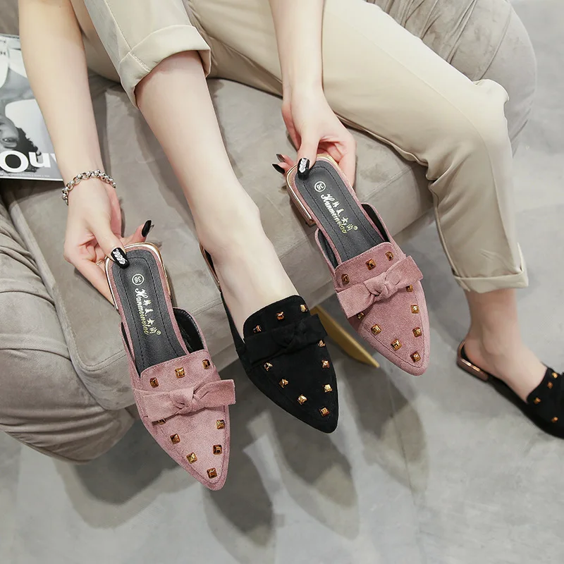 

Women Mules Sexy Pointed Toe Flat Slippers Female Shoes Casual Suede Leather Zapatos Mujer Big Size 43 Chaussure Femme RO33