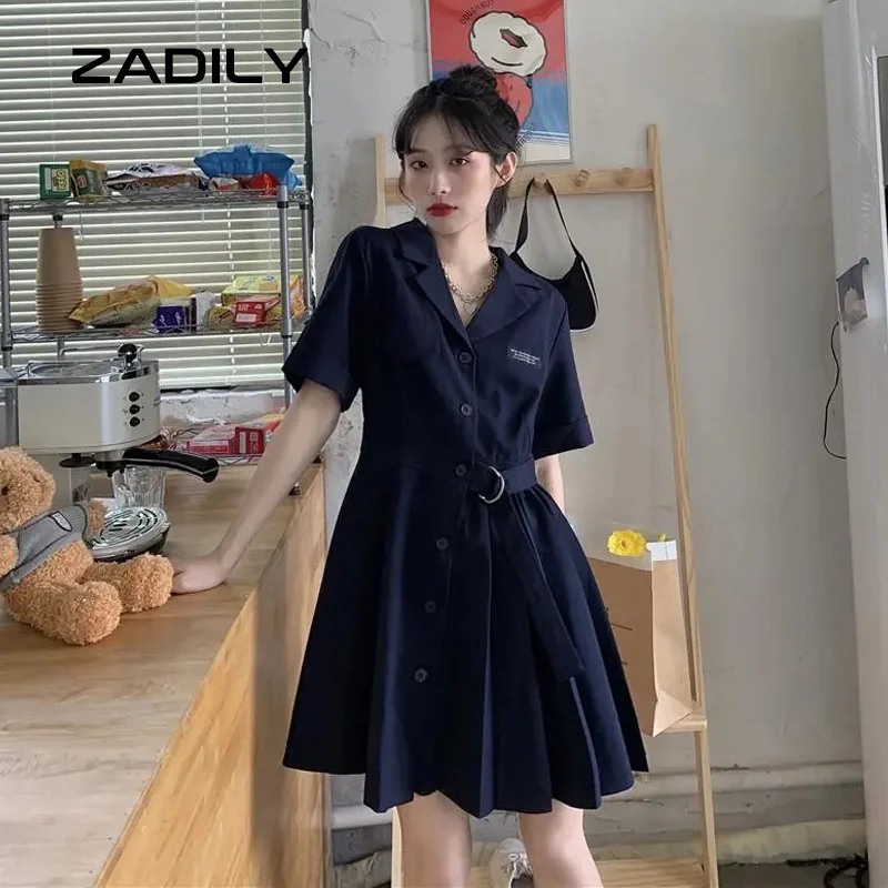 

ZADILY Japna College Style Button Up Shirt Dress Sweet Short Sleeve Sashes Women Dresses 2021 Summer Turn Down Collar Dress