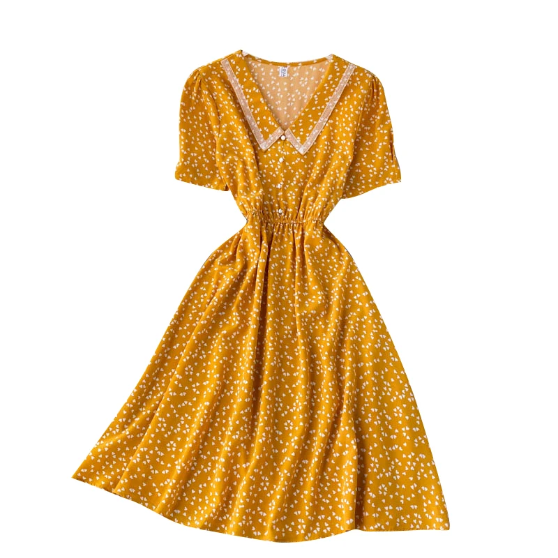 Летнее платье для женщин 2020 новый стиль милое с принтом сердца винтажное