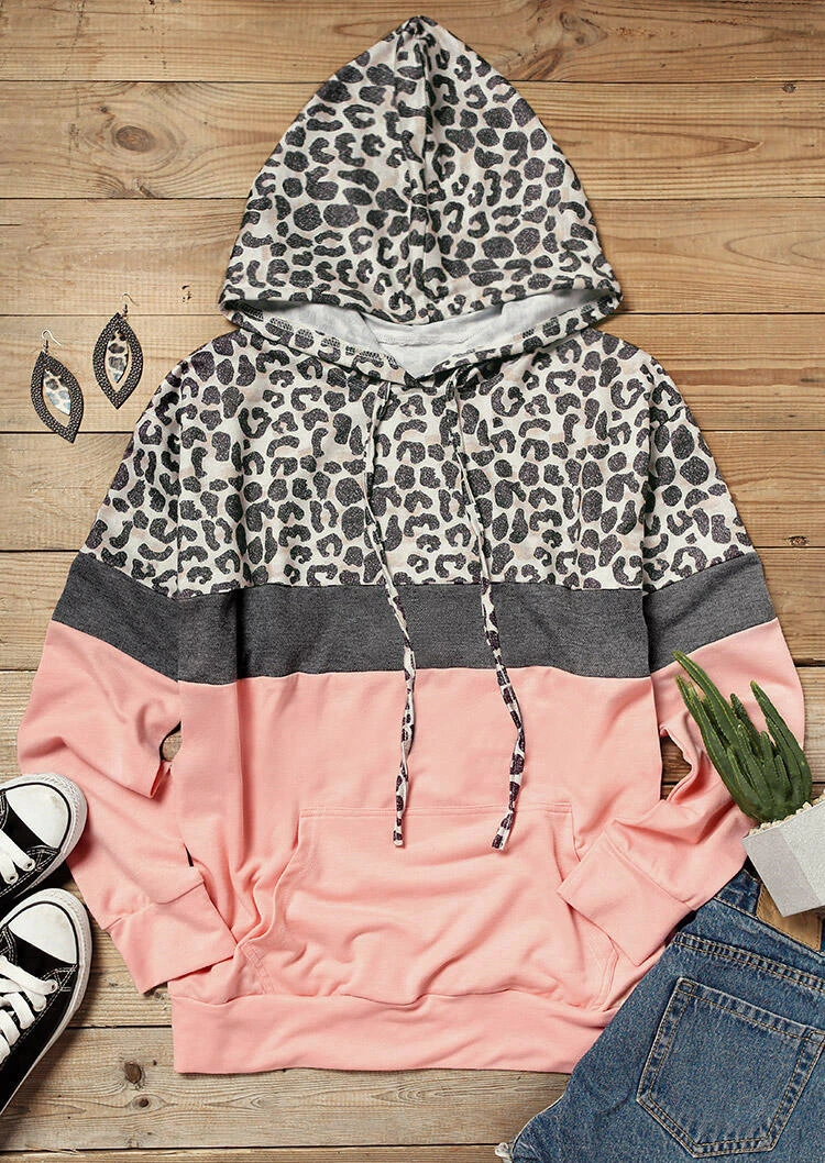 

Autumn Long Sleeve Tops Casual Patchwork Drawstring Hoodies Color Block Leopard Splicing Pocket Hoodie Woman Hooded Sweatshirt