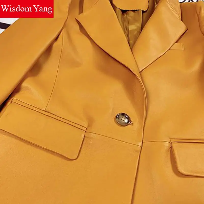 Spring Autumn Real Sheepskin Genuine Leather Suits Coat Yelloe Womens Outerwear Korean Suit Ladies Overcoat Gothic Coats Clothes