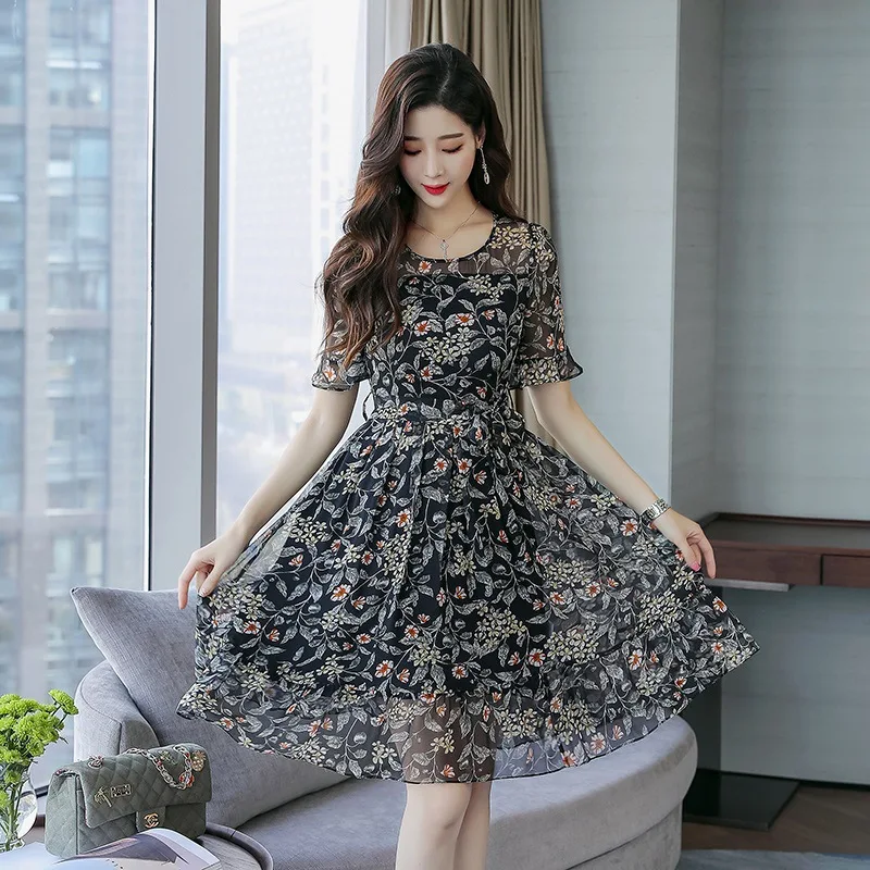 Floral silk dress women's middle length new summer mid sleeve slim dress