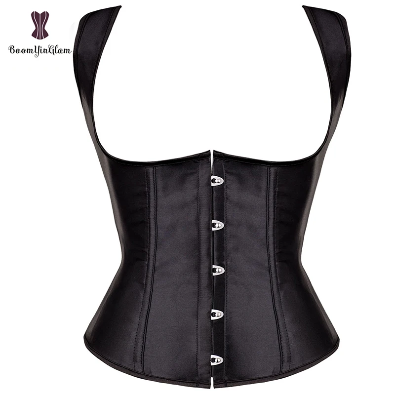 Черный сатиновый Женский корсет на бретельках для тренировки тела под грудь плюс