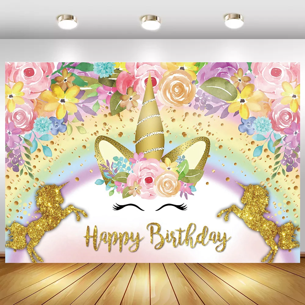 

Радужный блестящий золотой цветочный Единорог счастливая девушка день рождения принцесса фон торт разбиваемый стол фотография фон