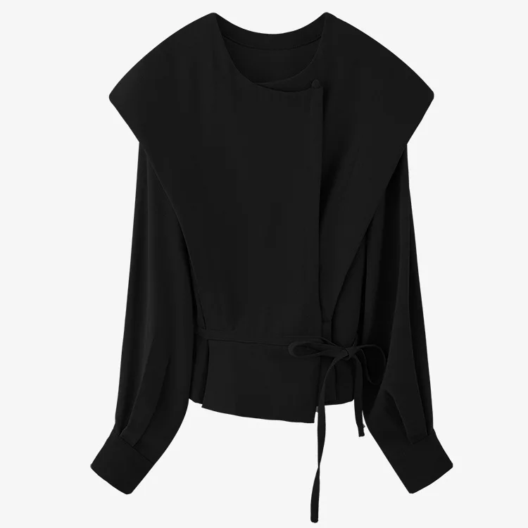 

Spring New Loose Lantern Sleeve Solid Color Bow Pullover Top Slim O-neck Splicing Personality Female Tops Ee53