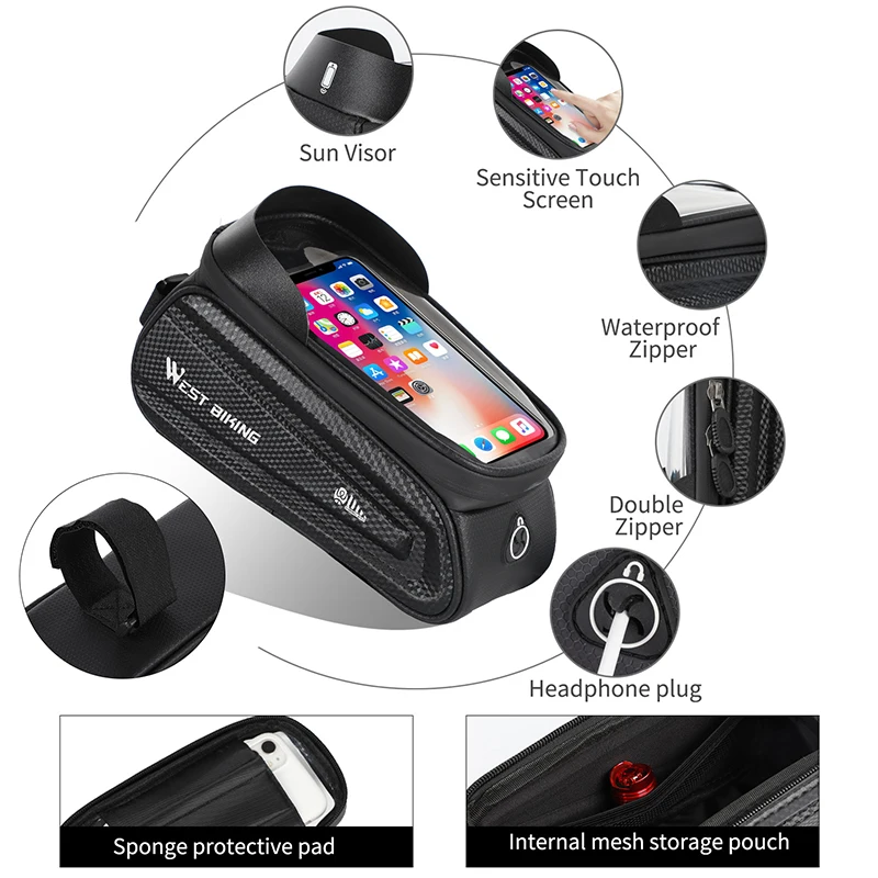 

WEST BIKING Waterproof Bike Bag Cycling Front Frame Phone Bags 6.0 Inch TPU Sensitive Touch Screen MTB Road Bike Bicycle Bag