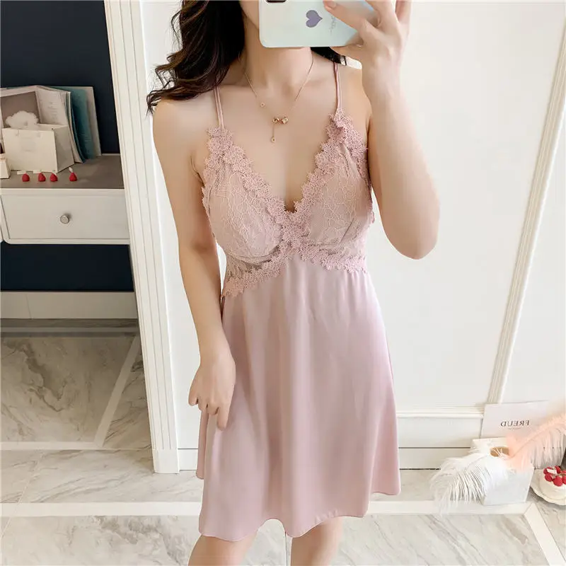 

White Spaghetti Strap Nightgown Women Sexy Hollow Out Sleepshirt V-Neck Bride Wedding Sleepwear Summer Loose Night Dress