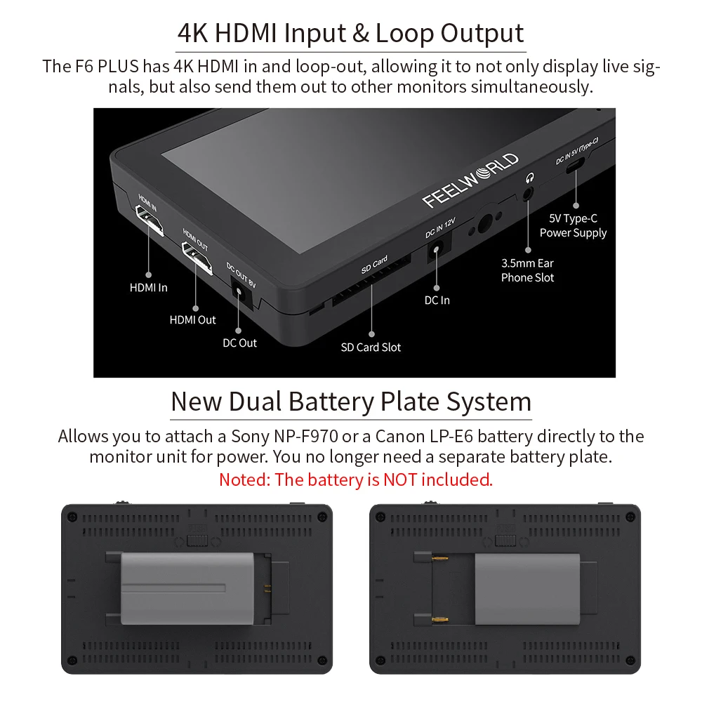 Монитор FEELWORLD F6 PLUS 4K 5 дюйма для цифровой зеркальной камеры 3D LUT сенсорный экран HDMI