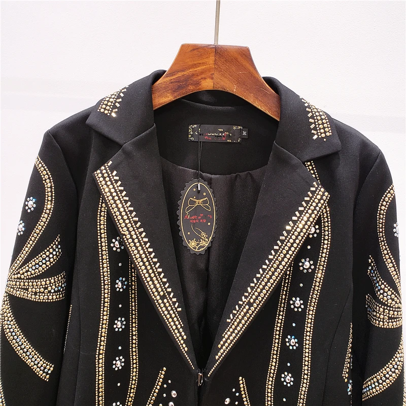 Осенний женский черный Блейзер со стразами Женский Повседневный костюм с