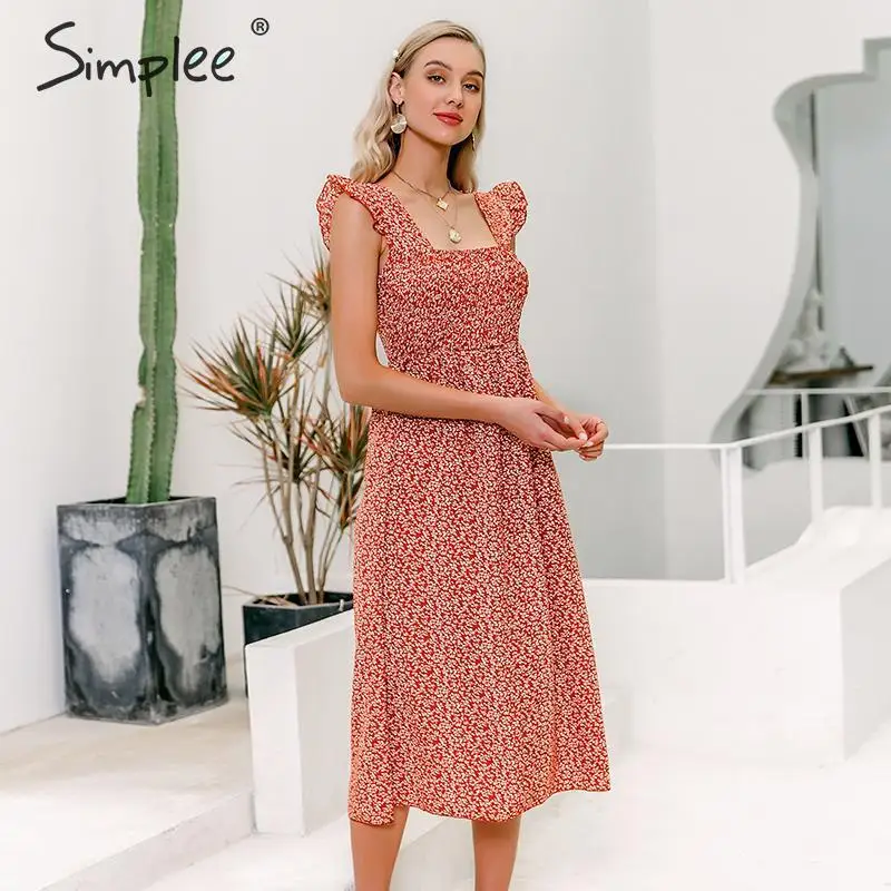 Simplee Bohimian style women summer midi dress Elegant floral print female long sundress A-line ruffle ladies beach dresses | Женская