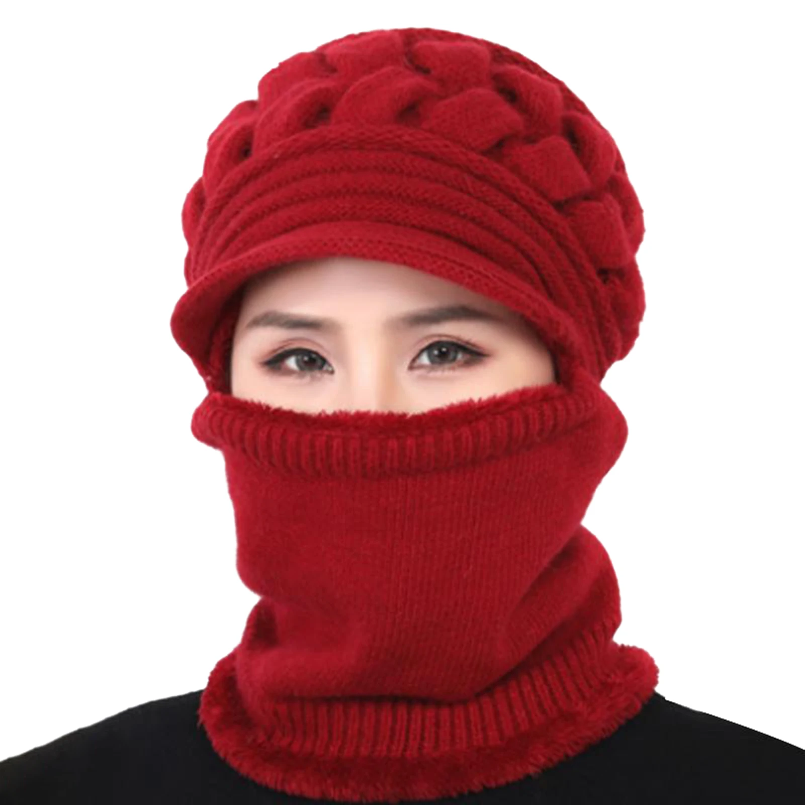 

Women Winter Windproof Blended Faux Fiber Neck Gaiter Hat Knitted Warm Beanie Cap Wine Red Pink Gilrs Outdoor Scarf Gift Set New