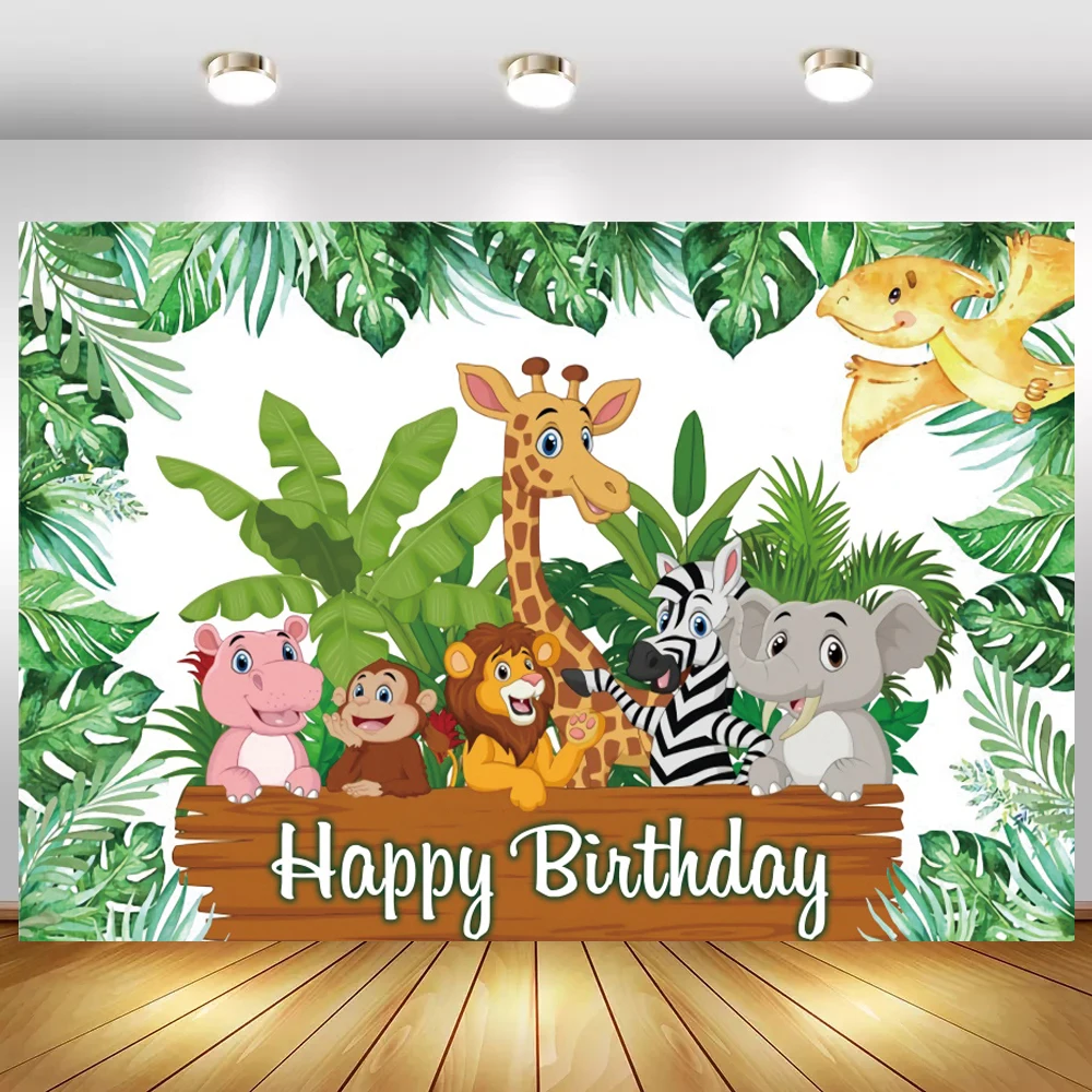 

Tropical Green Leaves Jungle Forest Party Backdrops Cartoon Animals Safari Lion Elephant Newborn Baby One Birthday Background