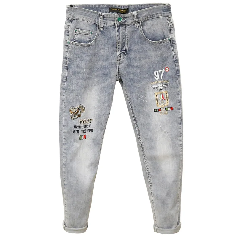 

Embroidered jeans men's European goods brand summer thin spiritual social guy light-colored small feet ankle length pants