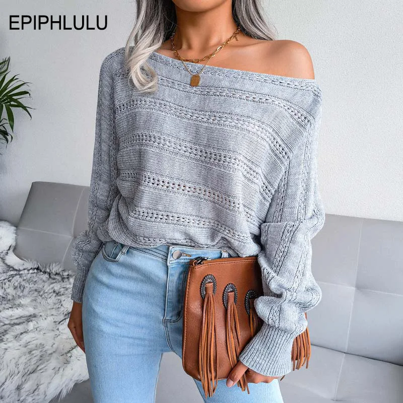 

Autumn Sexy Off Shoulder Sweater Women Knitted Sweater Pullover Women Jumper Loose Hollow Out Sweaters Knitwear 2021