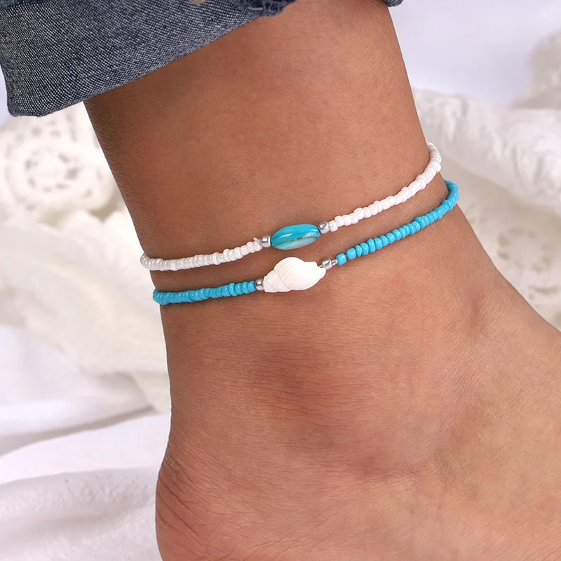 

2pcs/Set Blue/White Color Boho Beads Ankle Bracelet 2021 Hot Sale Natural Shell Anklets For Women Bohemian Jewelry Wholesale