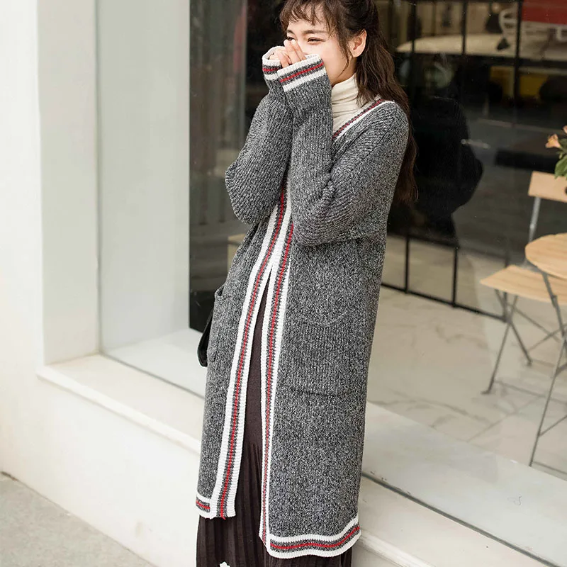 Зимний женский длинный вязаный свитер в клетку куртка Осенний кардиганы Женский