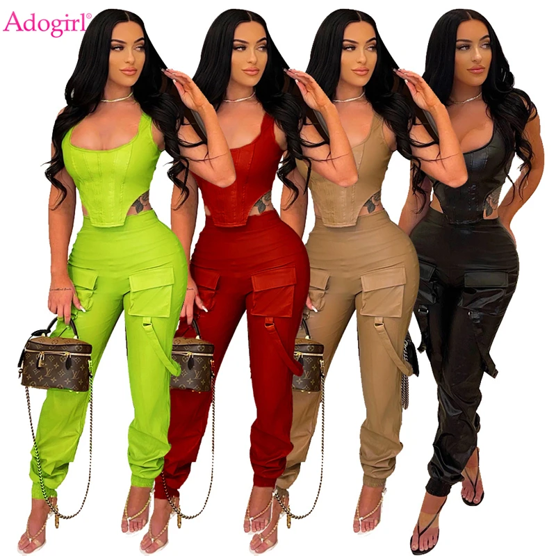 Adogirl Women Sexy PU Leather Two Piece Set Zipper Irregular Corset Tank Top High Waist Straps Cargo Pants with Pockets Suit