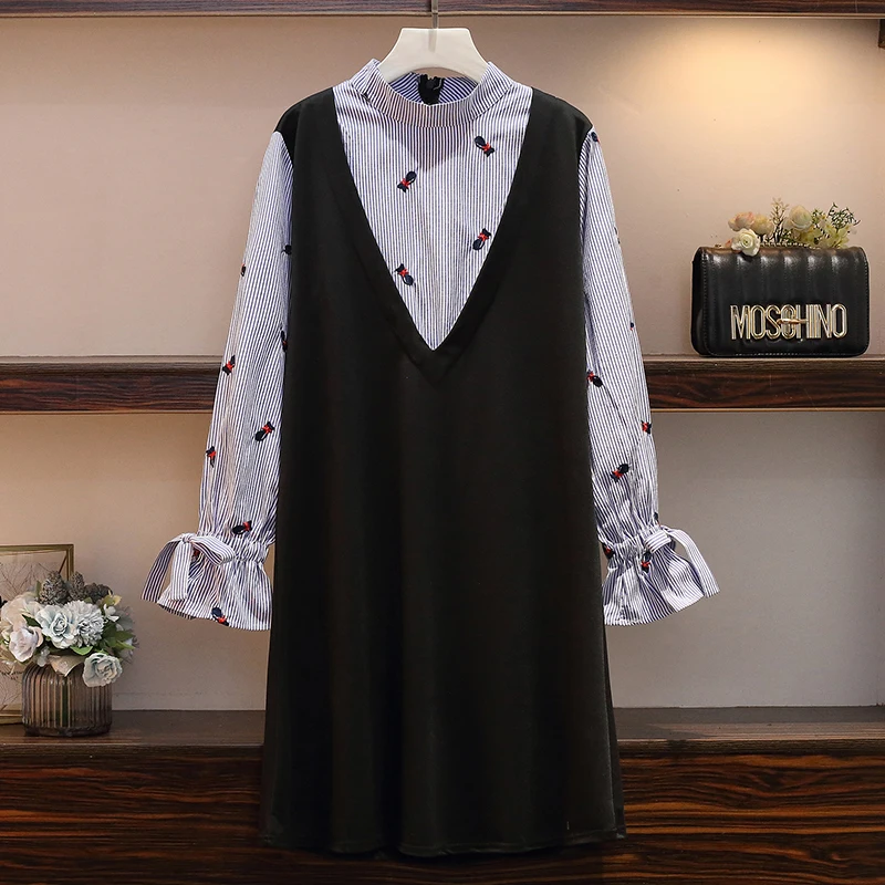 XL-5XL плюс размер женское милое вышивка мультяшного кота платье осень 2019 длинный