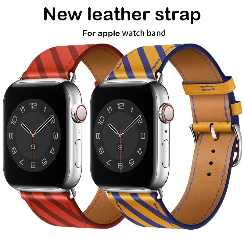 

Ремешок из натуральной коровьей кожи для Apple Watch Band 38 мм 40 мм 41 мм 42 мм 44 мм 45 мм, полосатый браслет для IWatch 7/6/SE/5/4/3