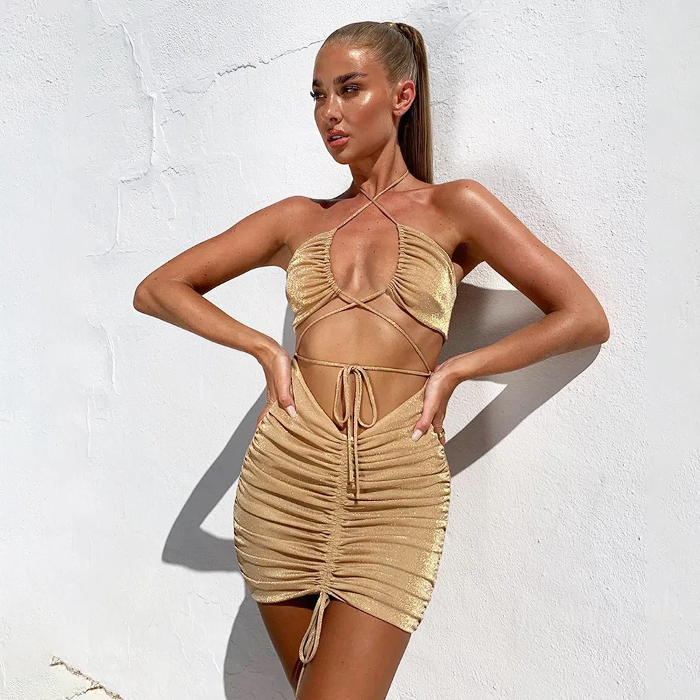 

Y2K 2022 Fashion Designer Halter Casual Evening Party Sexy Backless Women's Clothes One Piece Basic Bodycon Mini Dress