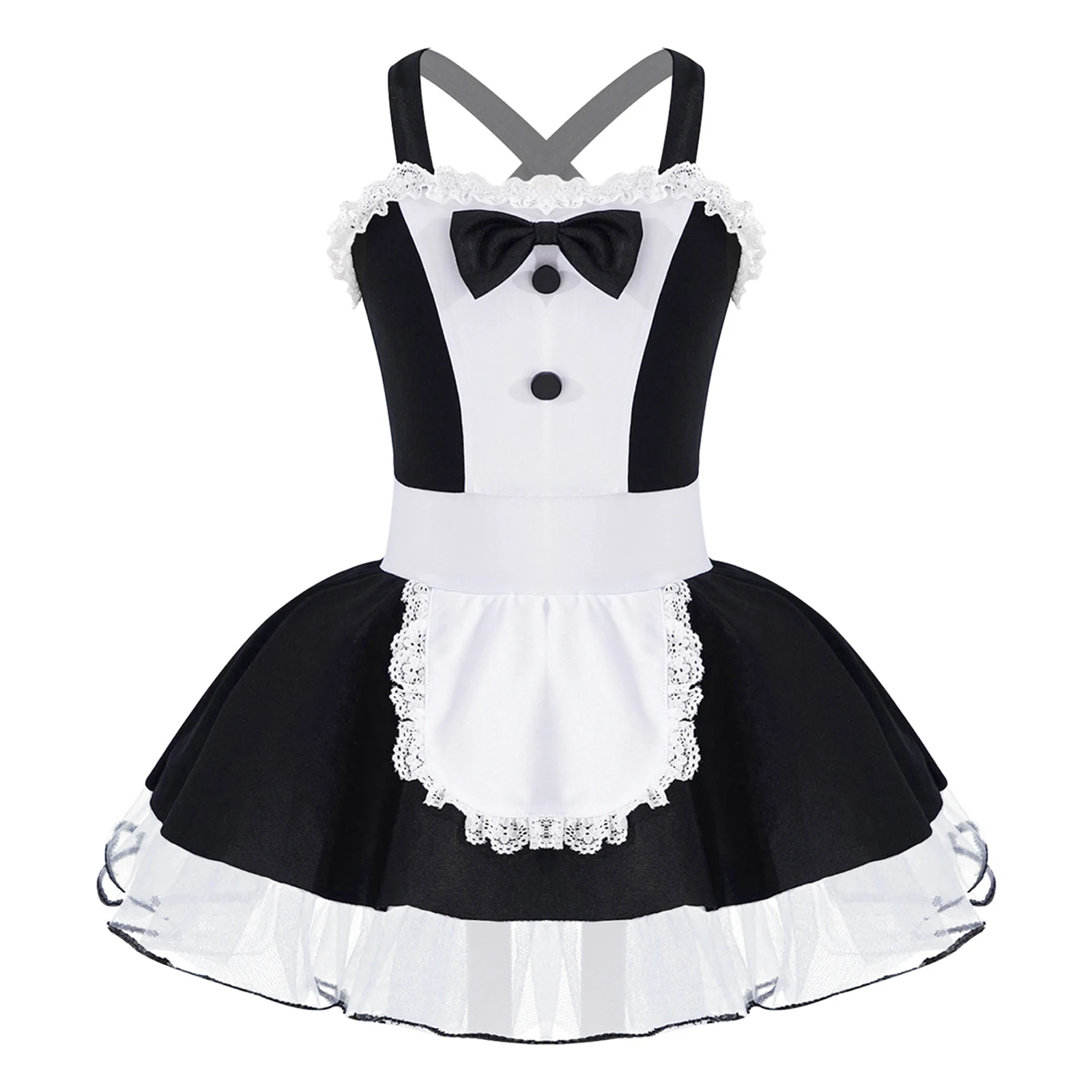 

Kids Girls Lovel Lolita Fantasia Dress Carnival Cosplay Maid Dress Cross Straps Bow Apron Adorned Mesh Tutu Dress Dancewear