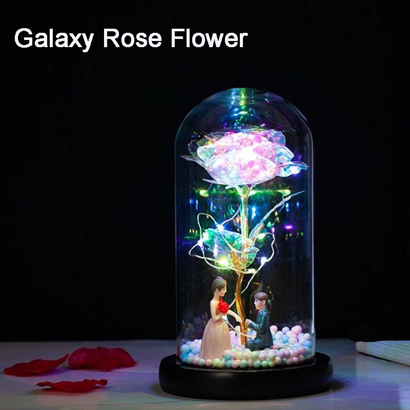 Прямая поставка 2020 Galaxy Rose мигающие цветы в колбе стеклянный купол на День святого