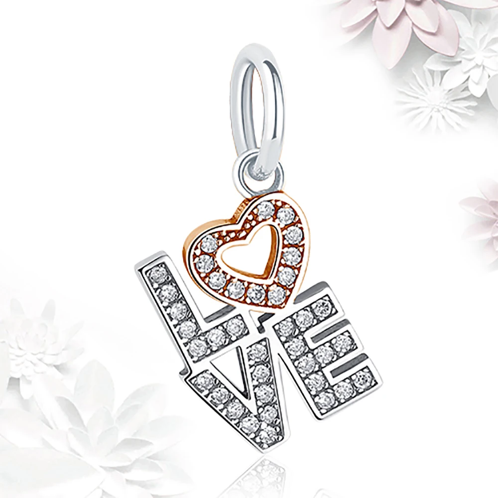 Love Letters Dangle Charm Fit Silver 925 Original Bracelet Rose Gold Crystal Heart Beads for Jewelry Making | Украшения и