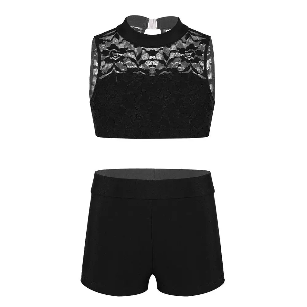 

Kids Teens Sleeveless Floral Lace Crop Top with Bottoms Girls Ballet Sports Gymnastics Shorts Tops Performance Dancewear Set