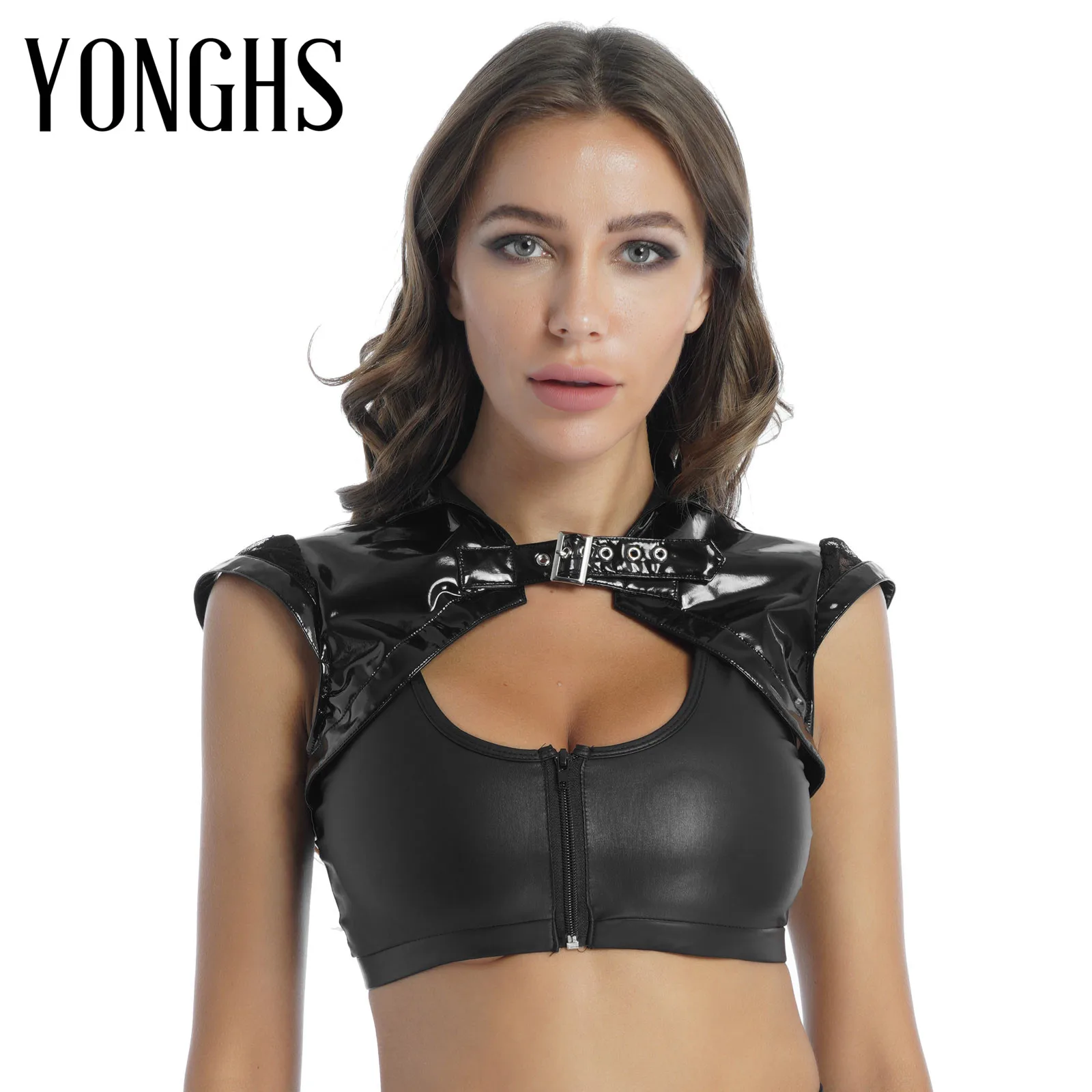 

Women Sexy Vest Patent Leather Trim Bolero Shrug Floral Lace Patchwork Tank Top Stand Collar Short Sleeve Metal Buckle Crop Top