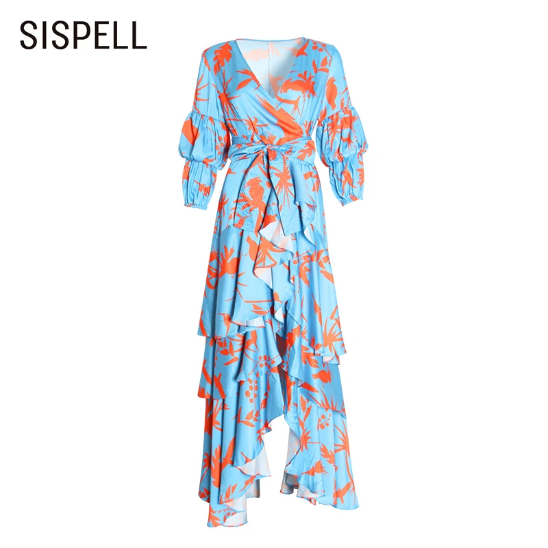 SISPELL Асимметричный принт оборками платье женское с буфами рукавом V образным