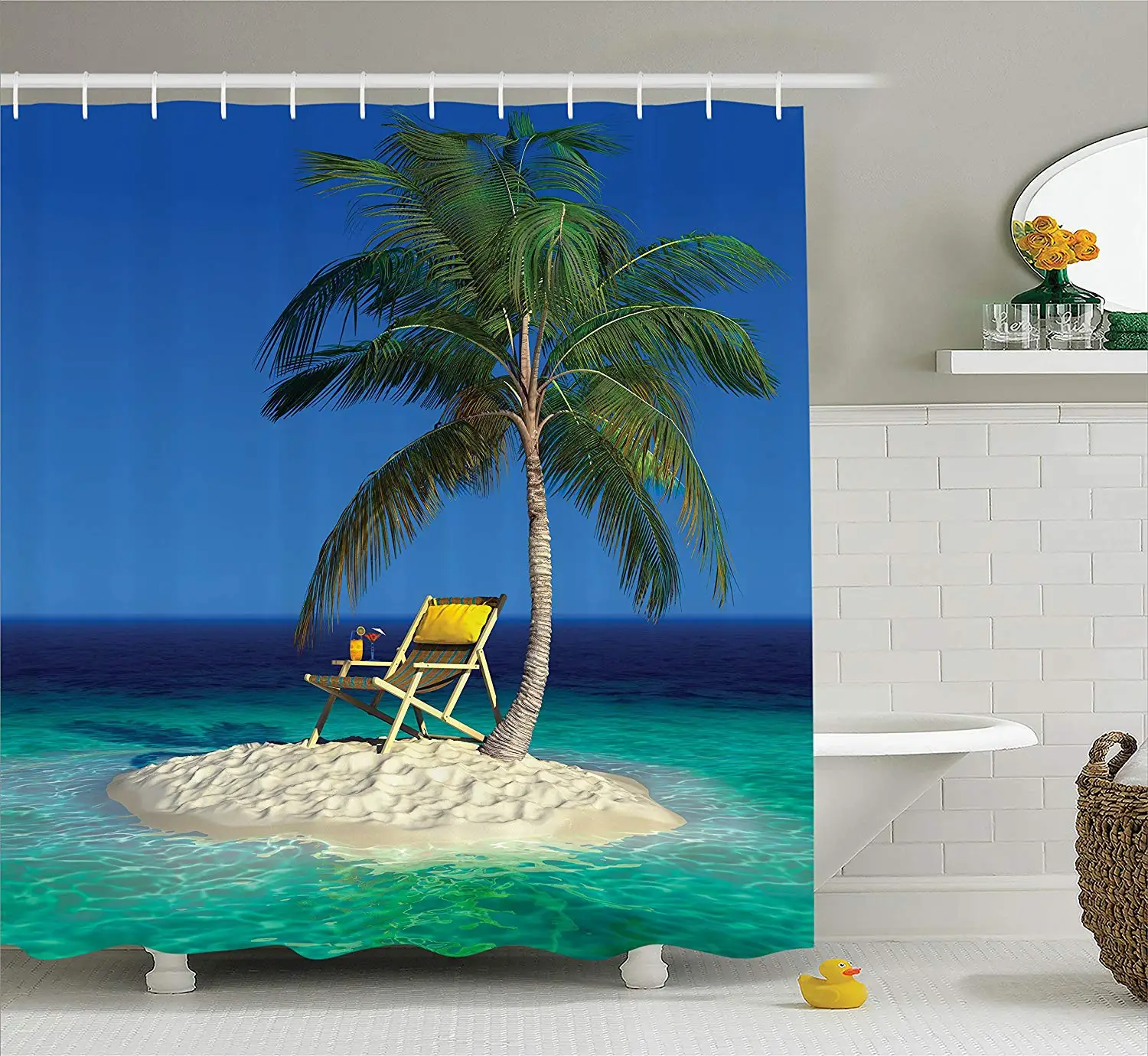 Приморская душевая занавеска Набор стульев под пальмой на небольшом неожиданном