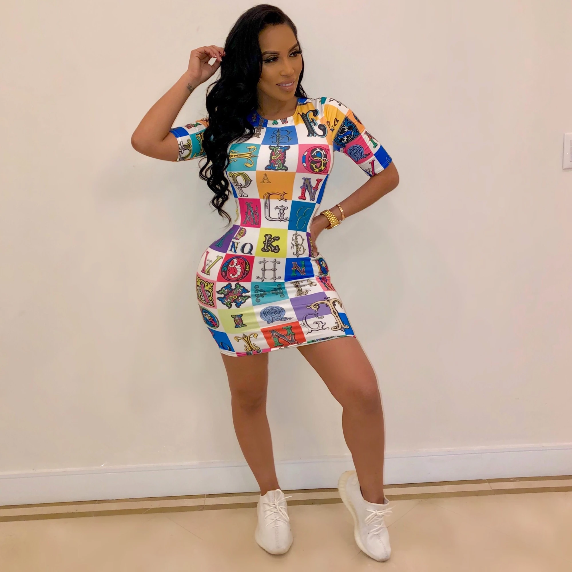 Женская длинная футболка платье с принтом клетчатый рисунок Короткий Летний