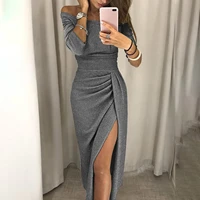 elegant dresses for women fashion sexy solid one shoulder pleated split fork dress womens clothing with free shipping g5