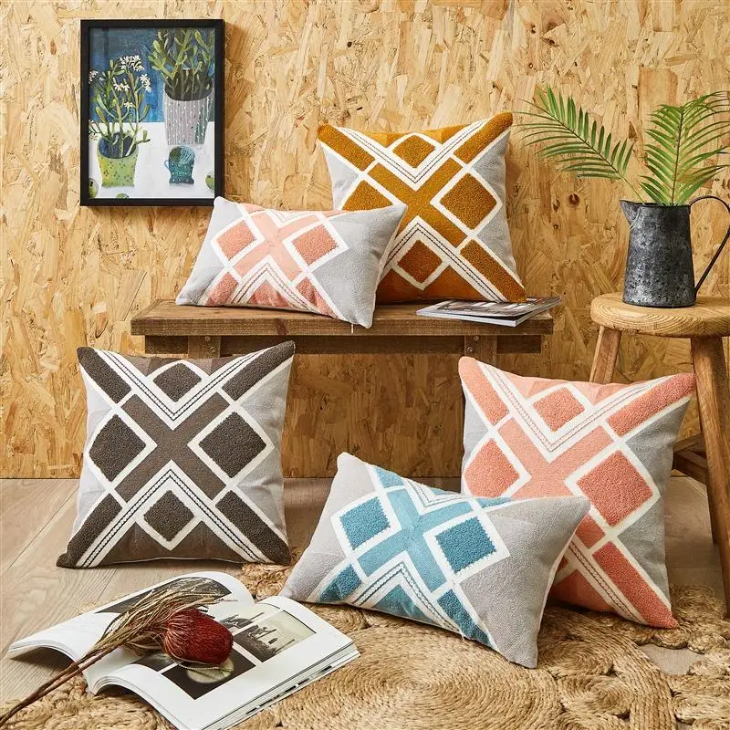 

Modern Geometric Cushion Cover Pure Cotton Canvas Towel Embroidery Fashion Design Pillow Cover For Sofa Bedside Decor 2size
